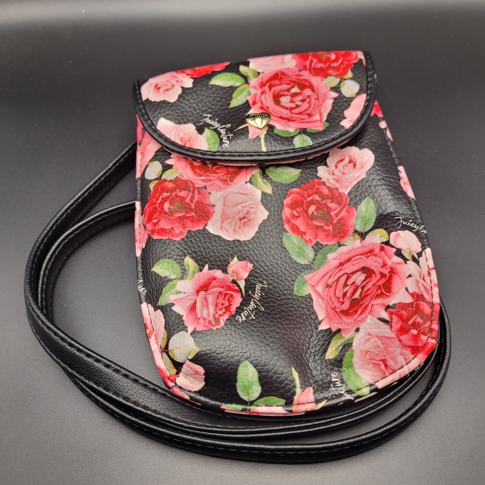 Juicy Couture Rose Crossbody Phone Bag Black Faux Leather Gold Heart Charm